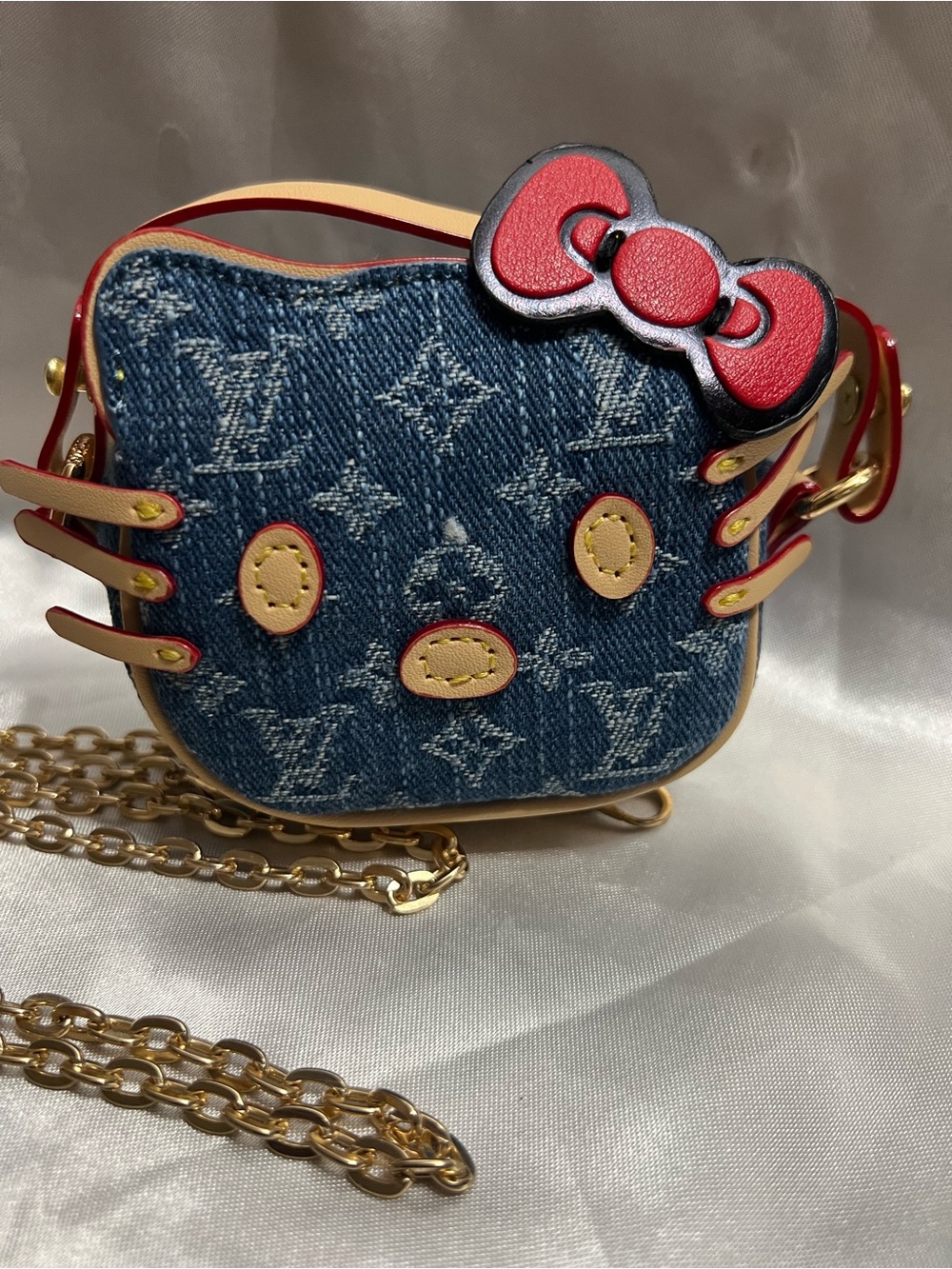 L Inspired Denim Hello Kitty Mini Crossbody - Blue, Red, Cream